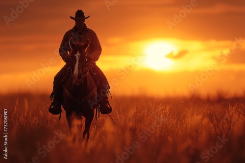 As the fiery sun sets behind them, a skilled equestrian guides his majestic stallion through the golden grassy field, their connection unbreakable as they ride towards the horizon © familymedia