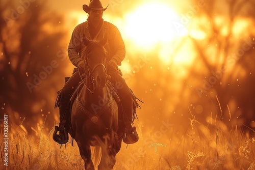 As the fiery sun sets over the open field, a lone cowboy gracefully guides his majestic horse through the tall grass, embodying the freedom and wildness of the great outdoors