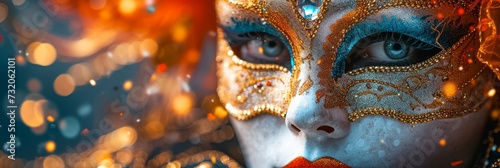 Close-up of a Colorful Carnival Mask with Glittering Details and Festive Bokeh