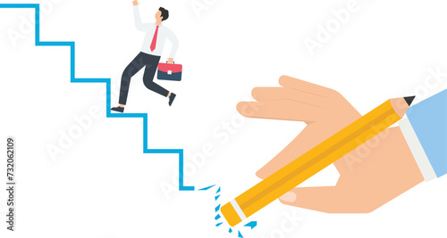 Erase, hand holding eraser off businessman up stairs
