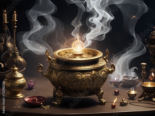 A mesmerizing incense decorative orb emitting ethereal smoke with intricate patterns makes a perfect ambience for Ramadan or Eid. Copy Space. photo