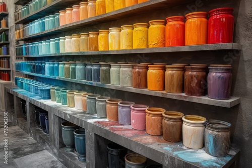 Vibrant hues fill a large shelf, lined with cylindrical containers, in an indoor shop offering a colorful assortment of paints for every building project