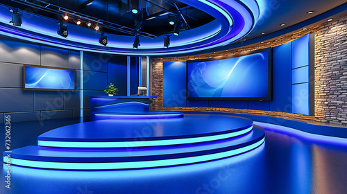 Modern Television Studio Set, Bright and Dynamic Design for News Broadcast, Sleek Digital Media Production Background