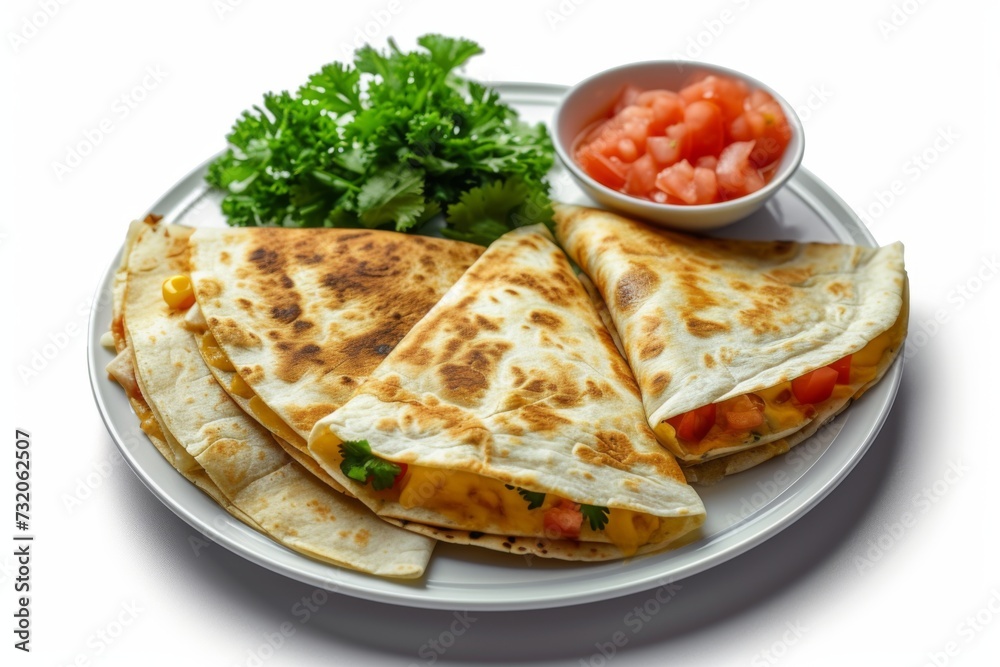 Freshly cooked chicken quesadilla with cheese and vegetables served with salsa on a white plate