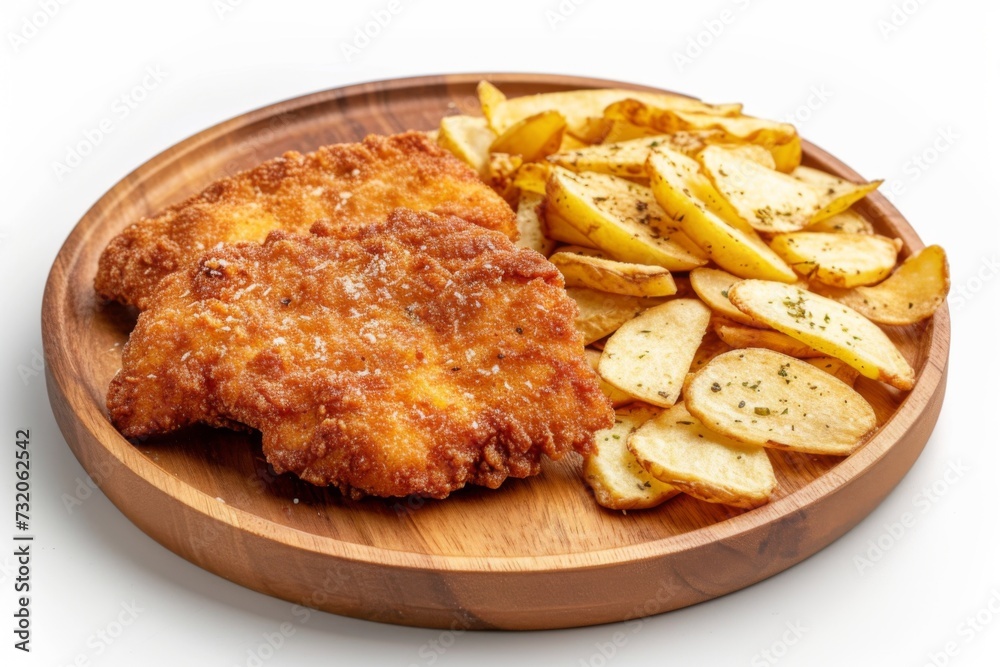 Golden breaded milanesa steak paired with herbed potato wedges on a round wooden platter Golden breaded milanesa steak paired with herbed potato wedges on a round wooden platter