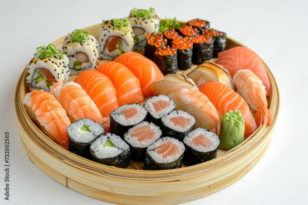 Diverse array of sushi including nigiri, maki, and sashimi presented on a round bamboo plate Diverse array of sushi including nigiri, maki, and sashimi presented on a round bamboo plate