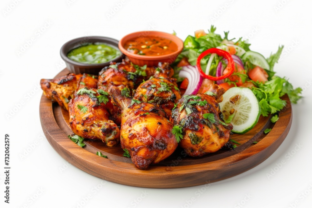 Marinated tandoori chicken accompanied by a fresh salad and sauces on a rustic wooden plate
