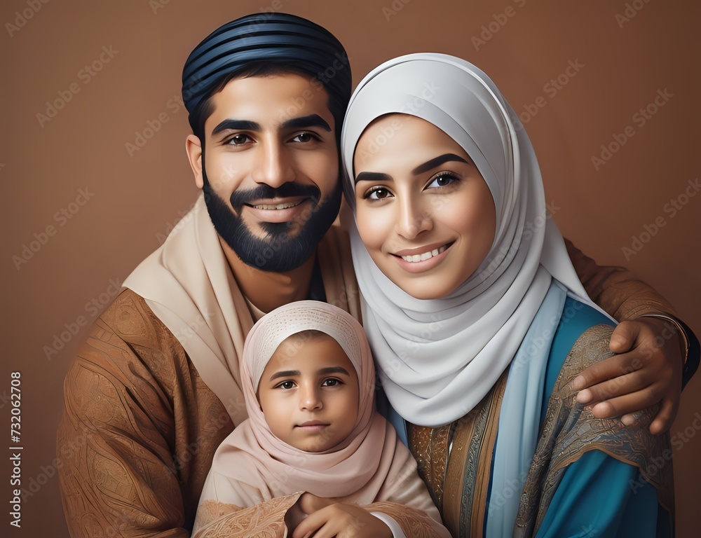 Beautiful Portrait of a muslim family during the Ramadan month or celebrating Eid after a month of fasting. Concept of Muslim Family.