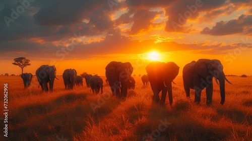 A majestic herd of elephants is silhouetted against a fiery sunset in the African savanna. © Tida