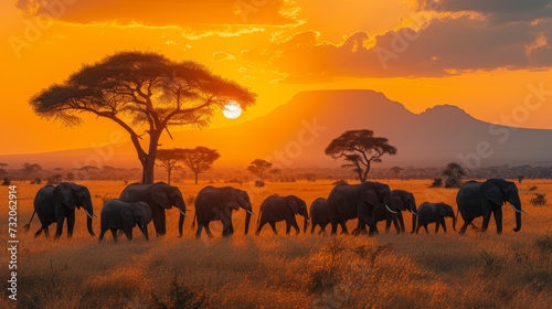 Elephants roam the African savanna under a dramatic golden hour sky, with the sun setting behind clouds.