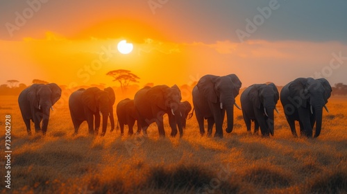 The silhouette of a peaceful elephant procession is set against the backdrop of a vibrant orange African sunset. © Tida