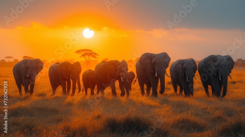 The silhouette of a peaceful elephant procession is set against the backdrop of a vibrant orange African sunset.