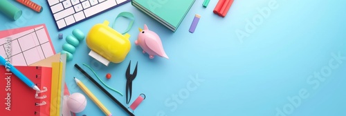 An arrangement of vibrant school supplies including notebooks, pencils, and a backpack on a bright blue surface. photo