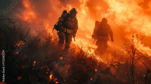 A team of courageous firefighters advancing through intense flames in a wildfire, showcasing their bravery and commitment.