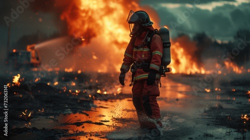 A solitary firefighter in full gear extinguishes flames amidst the destructive force of a vast wildfire.