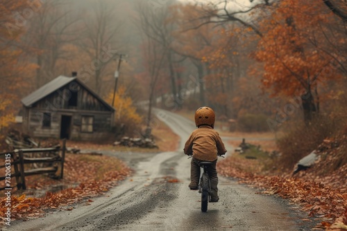 As the fog settles over the autumn landscape, a young child pedals their bicycle down the tree-lined street, their small figure a symbol of freedom and exploration against the backdrop of a cozy hous