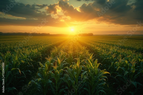 Amidst the golden prairie, a vibrant field of corn basks in the warm glow of the setting sun, a testament to the beauty and bounty of nature's harvest © familymedia