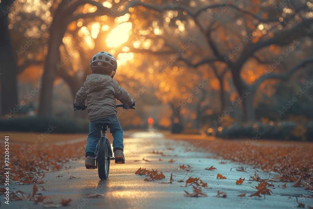A young adventurer cruises down a leaf-covered path, their trusty bicycle carrying them through the outdoor wonderland of trees and nature - obrazy, fototapety, plakaty 