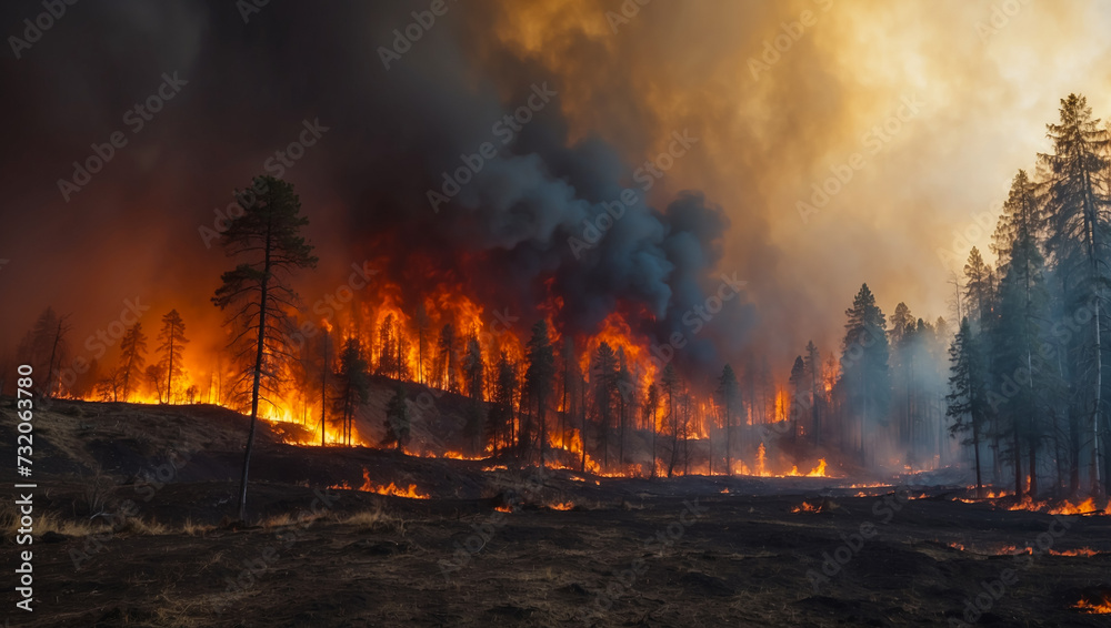 Fire destroys the forest. An environmental disaster. Fire and smoke