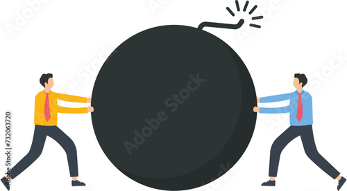 Shirking responsibility, two businessmen push the bombs to each other
