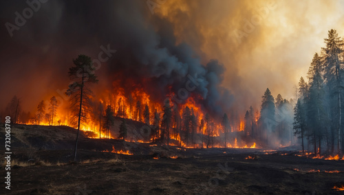 Fire destroys the forest. An environmental disaster. Fire and smoke