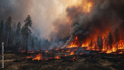 Fire destroys the forest. An environmental disaster