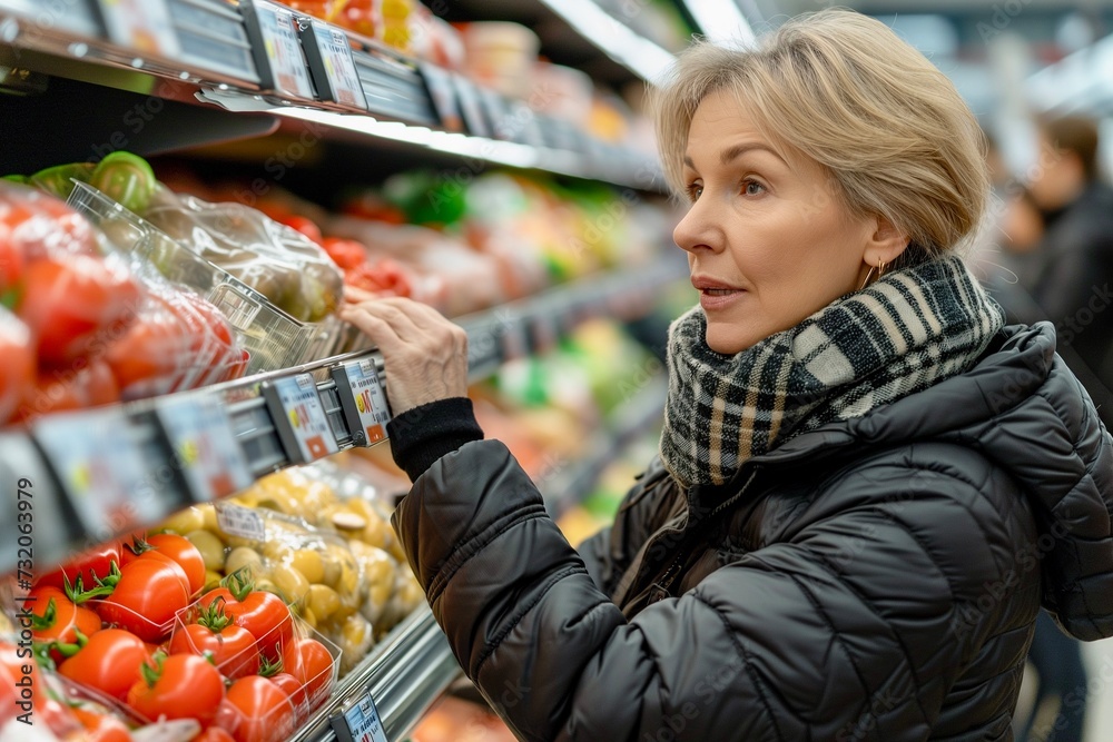 Middle-aged woman shopping in supermarket