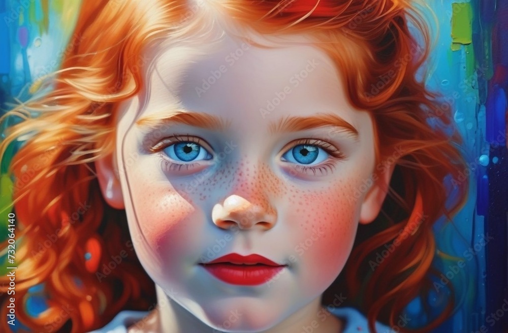 An impressionistic painting style depicting the natural beauty of a little red-haired girl, a round face with freckles, bright lips and blue mischievous eyes