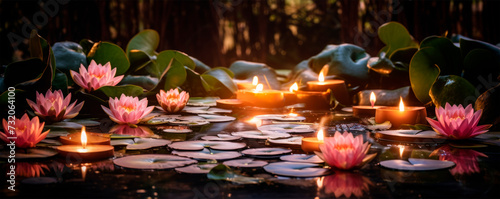 A serene pond with pink water lilies illuminated by the soft glow of sunset, reflecting the peacefulness and simplicity of nature’s beauty.
