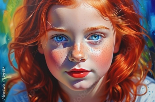 An impressionistic painting style depicting the natural beauty of a little red-haired girl, a round face with freckles, bright lips and blue mischievous eyes