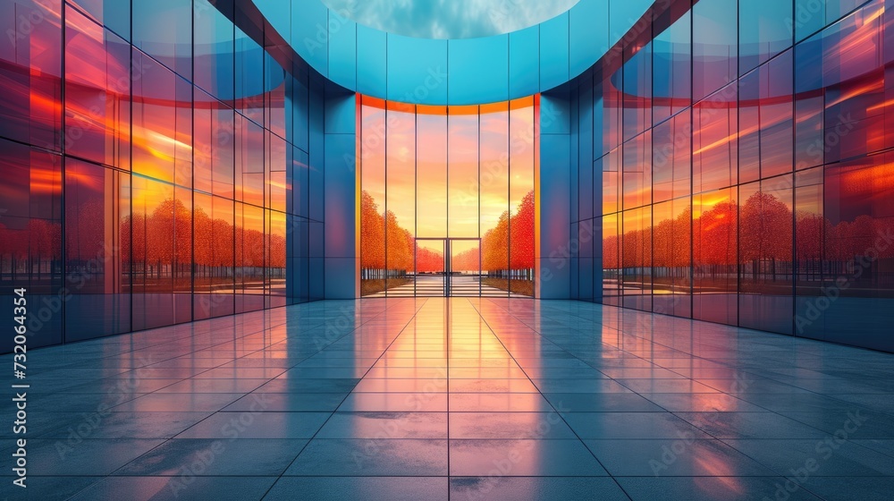  Modern futuristic glass facade of the building  - obrazy, fototapety, plakaty 