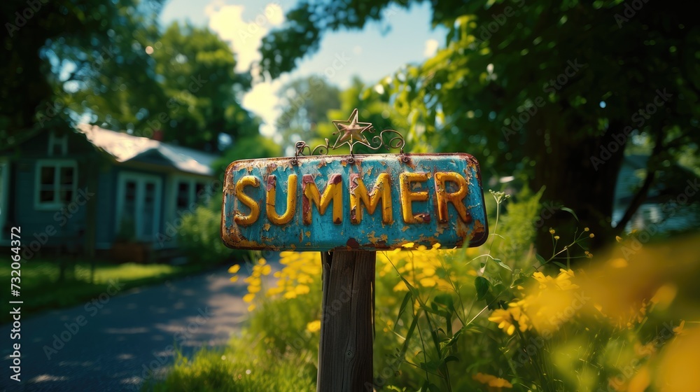 The concept of summertime. Summer sign on a landscape background.