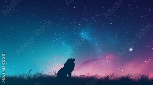 Silhouette of a lion under a bright colorful night sky