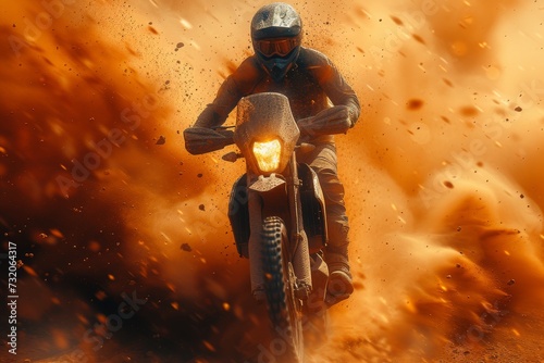 A daring stunt performer wearing a helmet speeds through the rugged terrain on their motorcycle, showcasing their skills in motocross racing and offroading on this powerful land vehicle