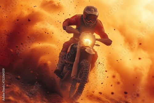 A daring stunt performer races through rugged terrain on their motocross motorcycle, deftly maneuvering through the offroading course with precision and speed