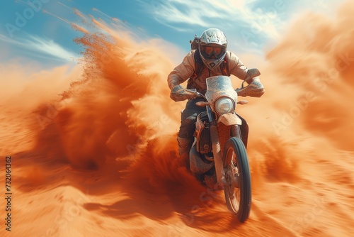 A daring stunt performer races through the dusty desert on their powerful motorcycle, the wind in their hair and the open sky above, as they conquer the rugged terrain with skill and determination