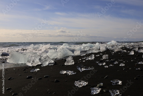 View on a iceberg on the Diamond Beach located south of the Vatnajökull glacier between the Vatnajökull National Park and the town of Höfn