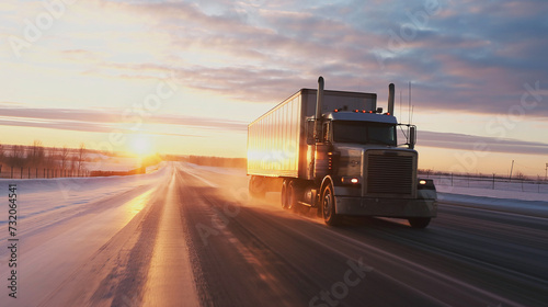 Transportation logistics at golden hour with semi-truck on highway, fast delivery, commercial freight, road travel, industry, sunset, dynamic © TEERAPONG