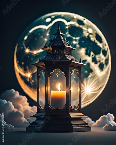 An ergonomic islamic lantern in front of moon surrounded by clouds makes a perfect Ramadan or Eid ambience. photo