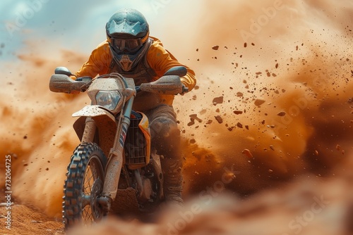 A daring stunt performer wearing a helmet rides their motorcycle offroad, kicking up dirt and showcasing their skill in the thrilling world of motocross photo