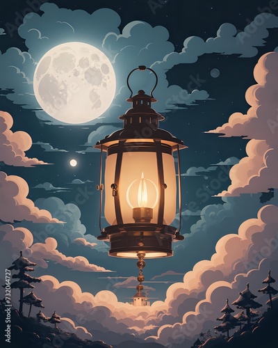 An ergonomic islamic lantern in front of moon surrounded by clouds makes a perfect Ramadan or Eid ambience. photo