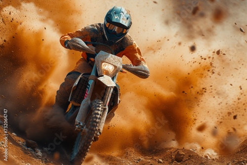 Amidst a cloud of dust, a fearless stunt performer races through the rugged terrain on their dirt bike, showcasing the exhilarating thrill of motorcycle racing © familymedia
