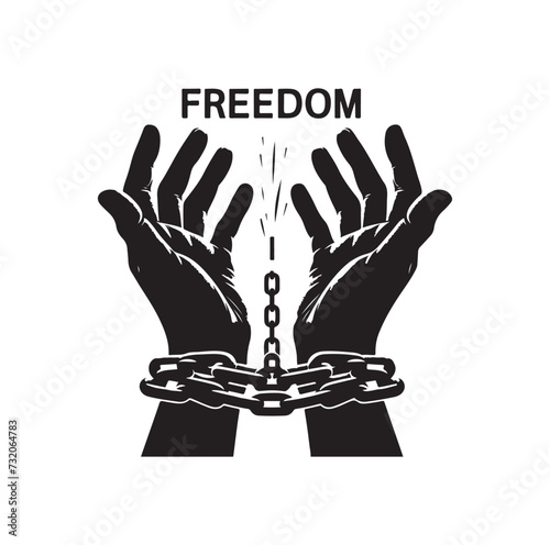 A pair of hands chained to a chain with the text words freedom. A pair of hand in handcuff. Hand drawn vector illustration. photo