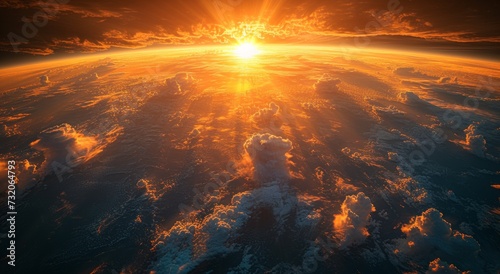 Nature's fiery masterpiece unfolds as the sun dips below the horizon, casting a warm glow over the clouds and illuminating the vastness of outer space © familymedia