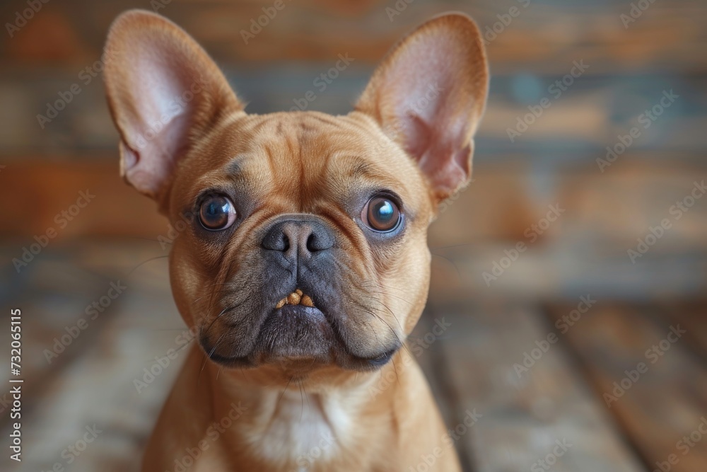 A fierce french bulldog with a toothy snout, belonging to the nonsporting group, gazes intently indoors with its fawn-colored fur and captivating brown eyes