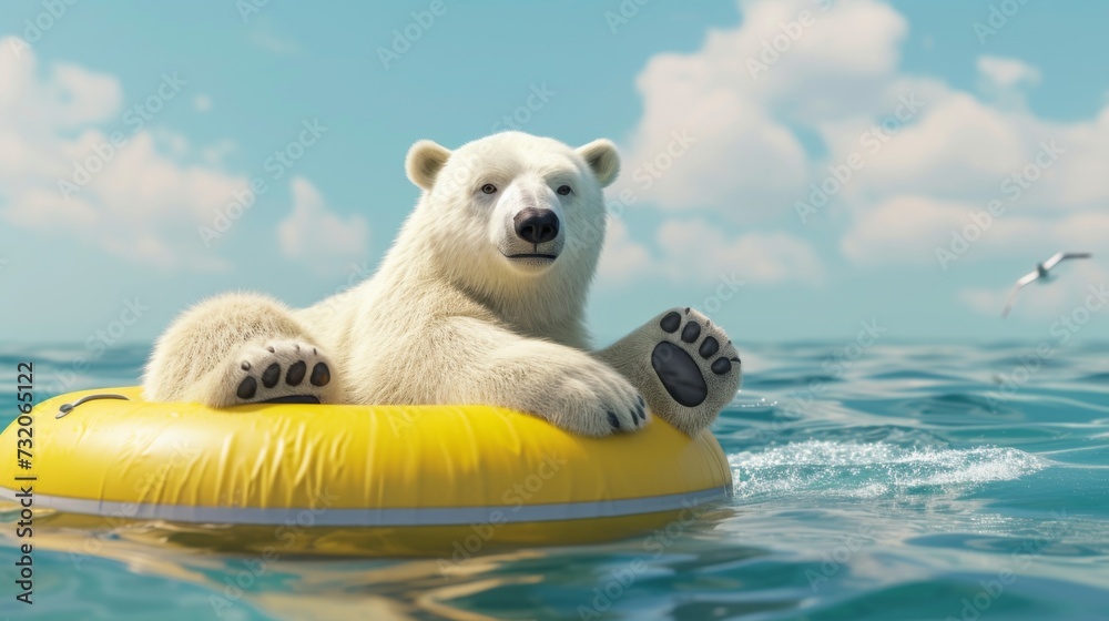 Fototapeta premium Polar Bear Relaxing on Inflatable Ring in Ocean
