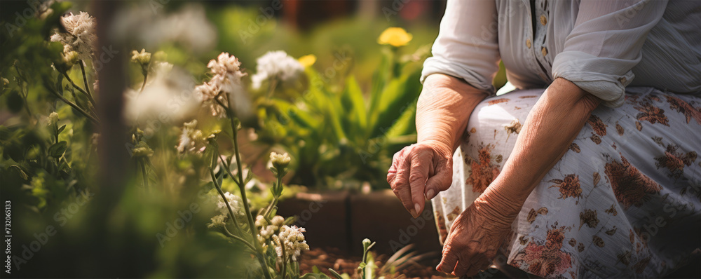 The image shows a mature woman engaging with nature, carefully handling the flowers in her garden, reflecting a moment of peaceful interaction with the environment on a sunlit day. - obrazy, fototapety, plakaty 