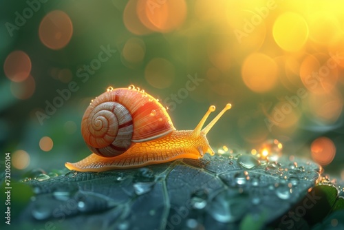 Snail Gliding on Leaf with Morning Dew Drops