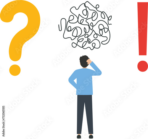 The concept of solving problems, the businessman is thinking about how to turn the question mark into an exclamation mark 