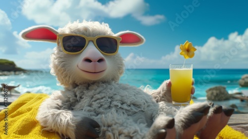 A cheerful sheep lounges on a sunny beach, donning yellow sunglasses and holding a tropical drink, enjoying the picturesque seaside ambiance. © Tida
